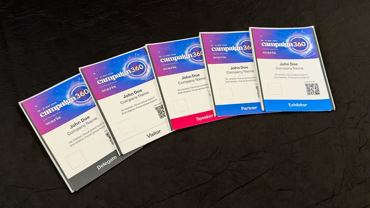 Full-colour event badges for different attendee categories including delegate, visitor, speaker, partner and exhibitor