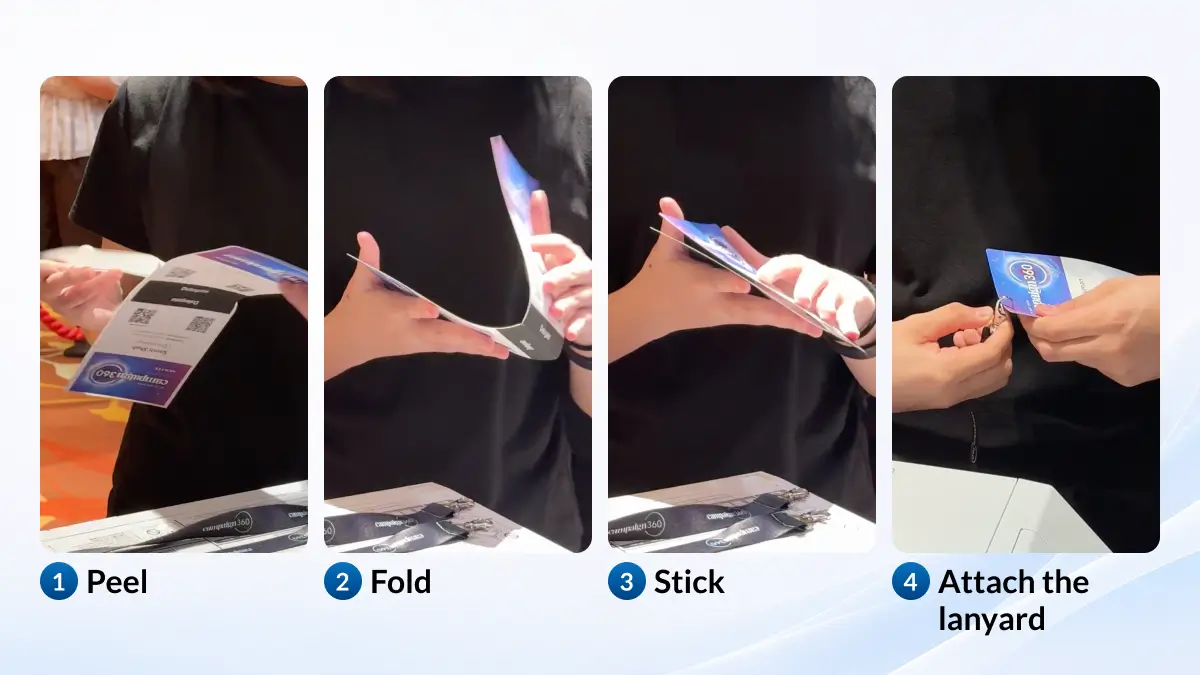 Peel, fold, stick and attach lanyard process for a sticker-backed event badge