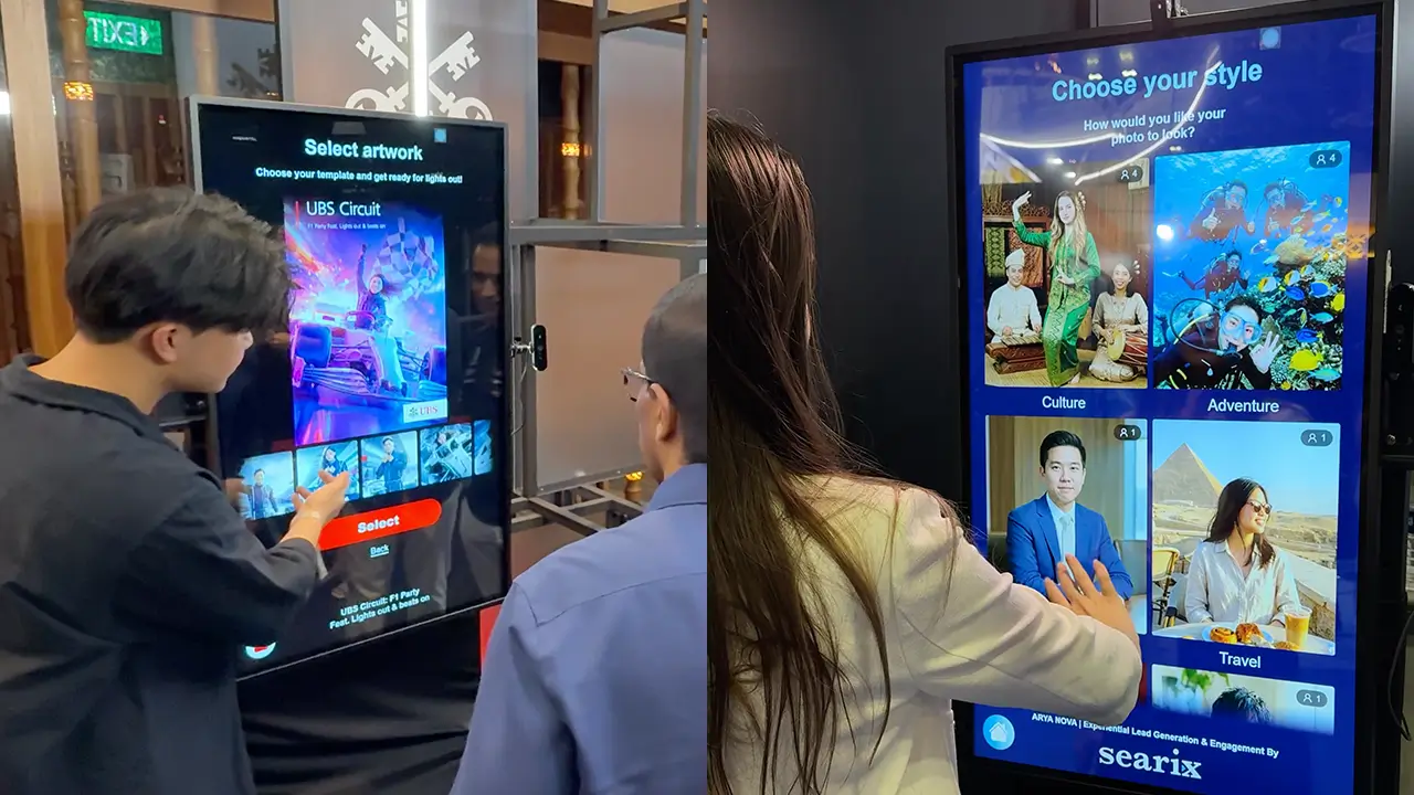 Guests choosing an AI photo booth experience on a Searix touchscreen