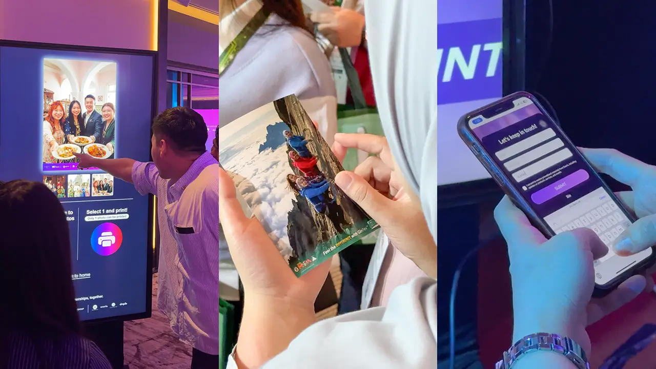 Guests revealing, sharing and submitting leads from a Searix AI photo booth result